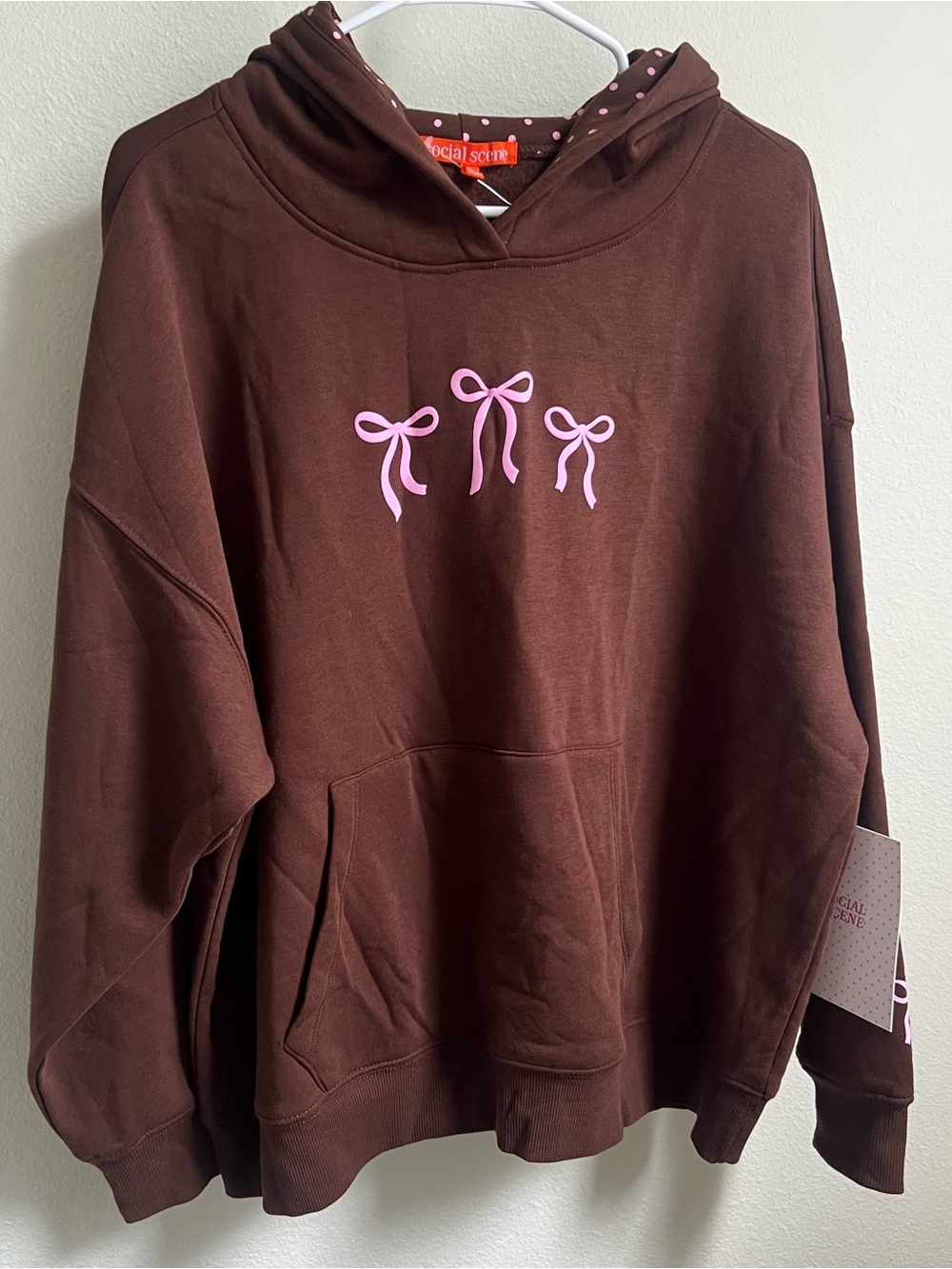 NWT Social Scene Brown Hoodie Sweatshirt with Pink Bow Detail